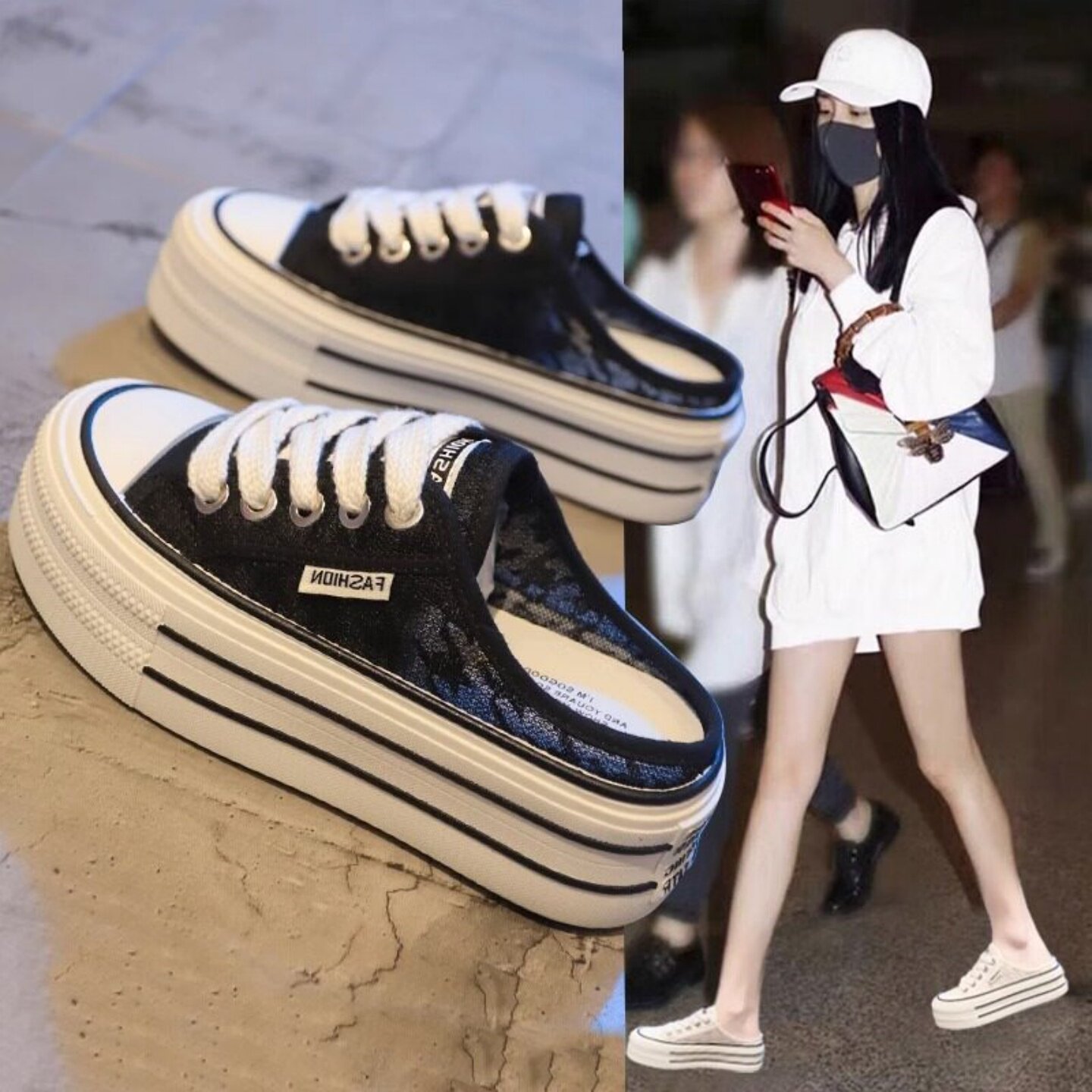 网红包头半拖鞋女款2026新款夏季外穿厚底网面透气帆布鞋休闲凉鞋