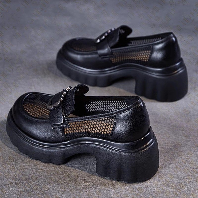 真皮网面乐福鞋女款2026夏新款厚底网纱小皮鞋一脚蹬女鞋透气网鞋