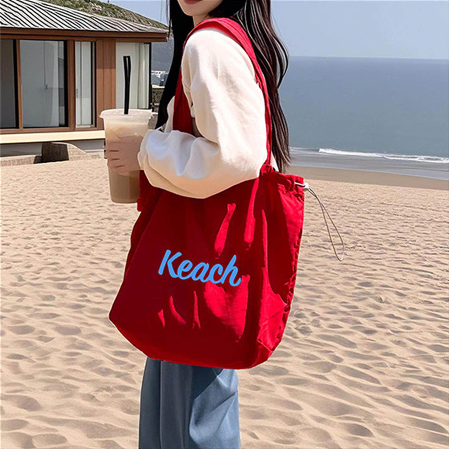 旅游轻便红色单肩包包女 日系ins风学生党通勤托特包大容量帆布袋