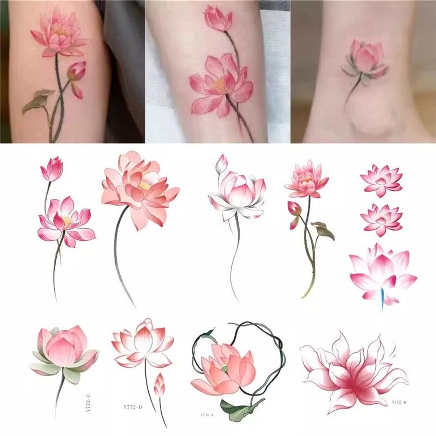 国风荷花手臂手腕锁骨脚踝高颜值彩色纹身贴女防水持久图案小贴纸