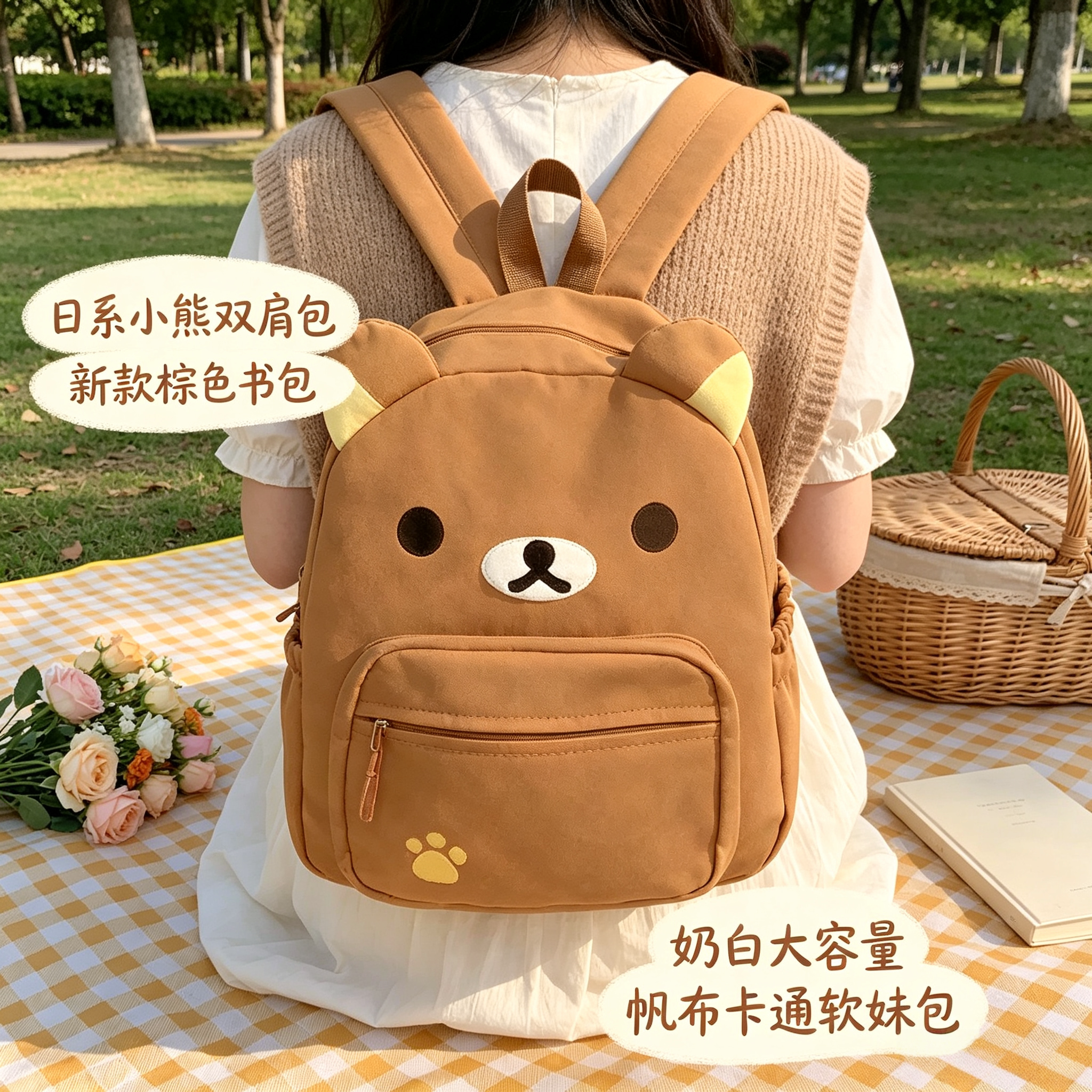 卡通背包新款自制日系可爱棕色轻松熊大容量百搭学生软妹双肩包