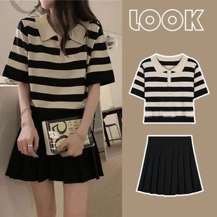 短袖 裙子套装 条纹POLO衫 夏季 针织上衣 气质两件套半身裙百褶裙子