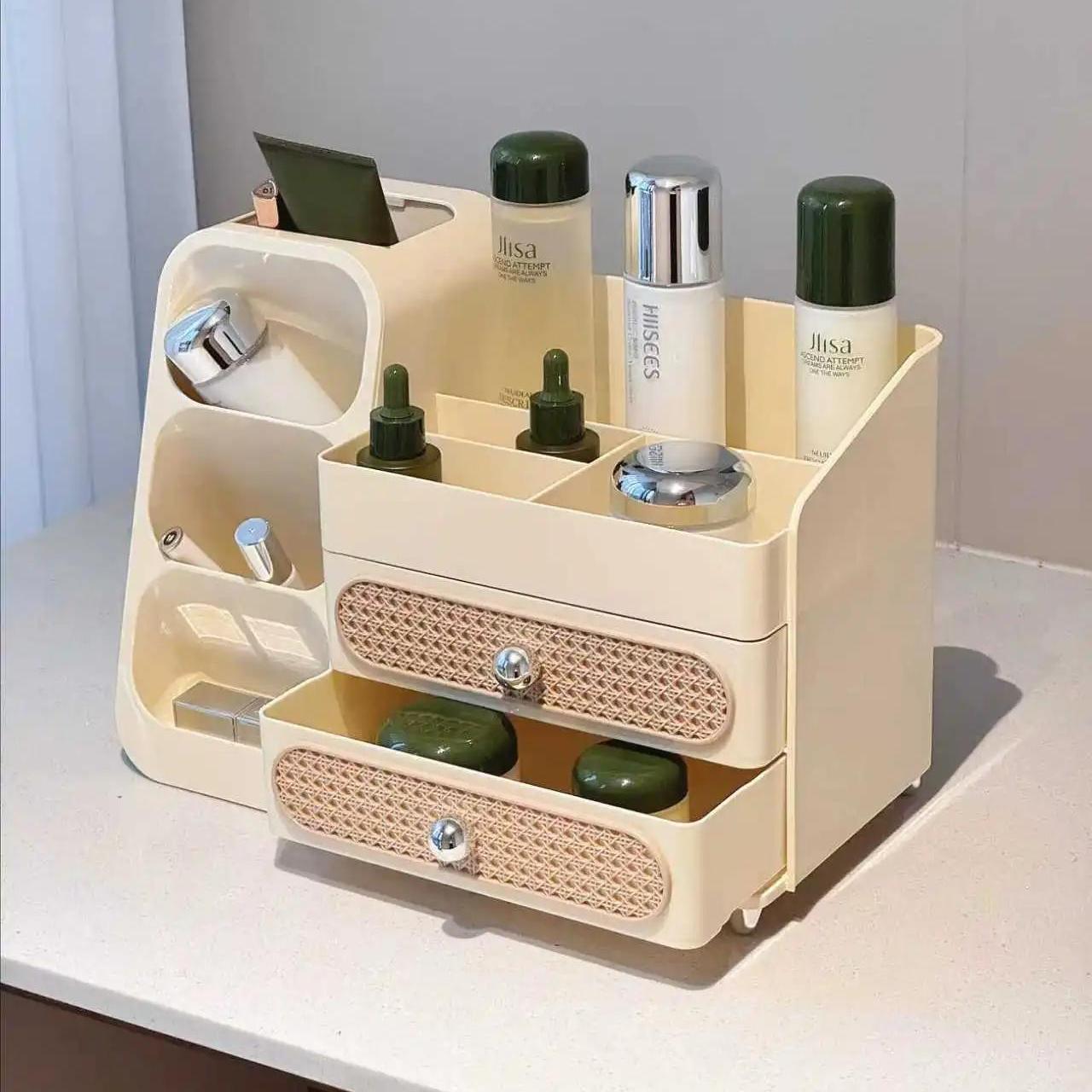 高级感大容量化妆品收纳盒家用梳妆台口红护肤品多功能分格置物架