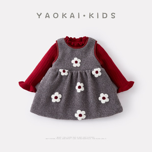 2025冬季新款婴幼儿加绒加厚花朵背心裙套装女宝宝裙子毛衣两件套
