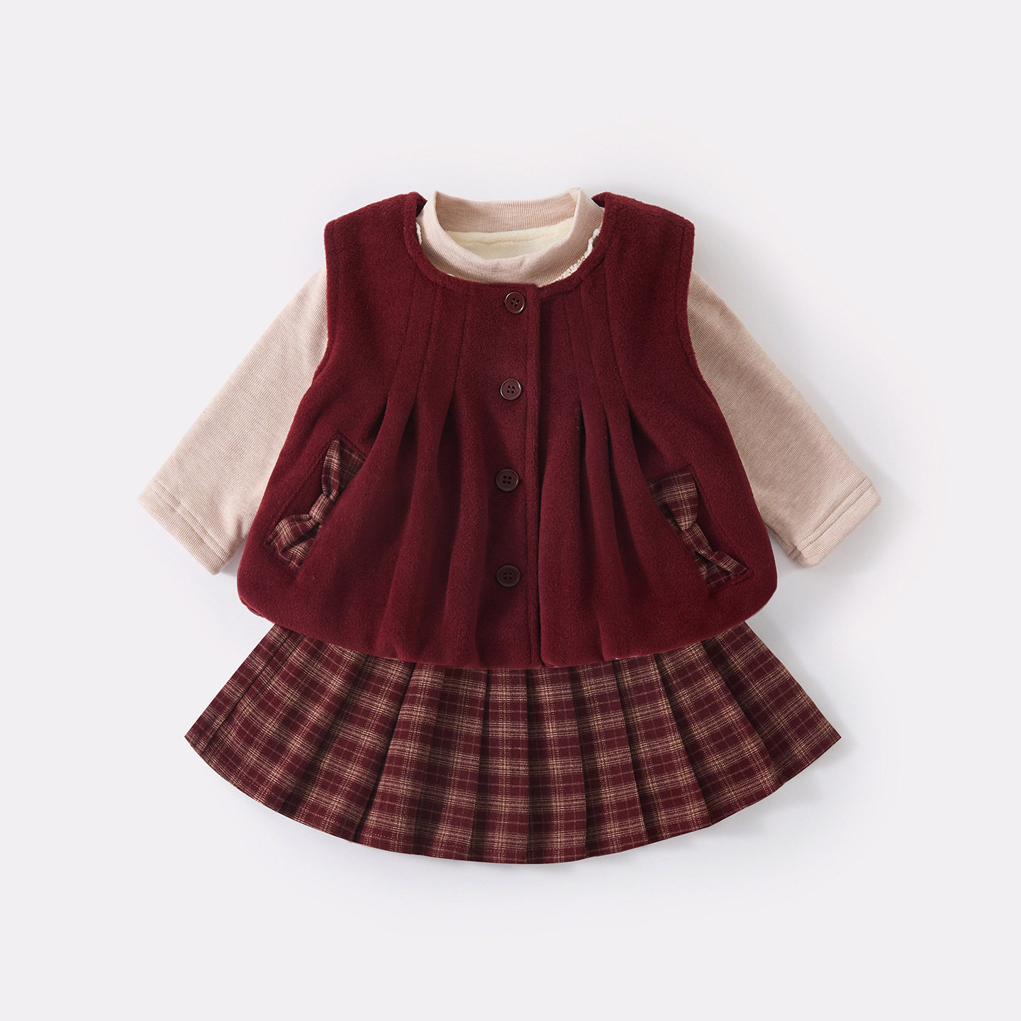 婴幼儿加绒加厚花边打底衫女宝宝冬季蝴蝶结马甲格子百褶裙三件套