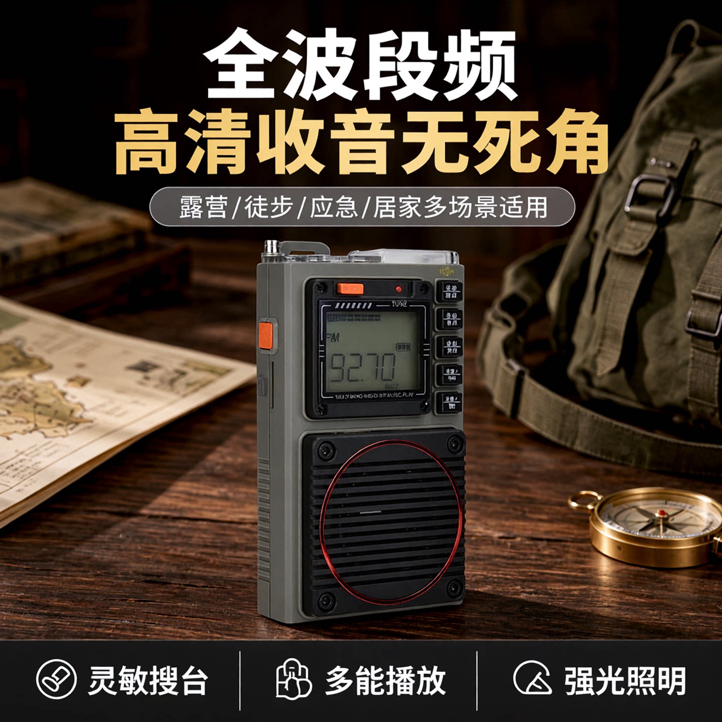 汉荣达HRD787 便携式全波段DSP收音机手电筒插卡蓝牙音响手机遥控