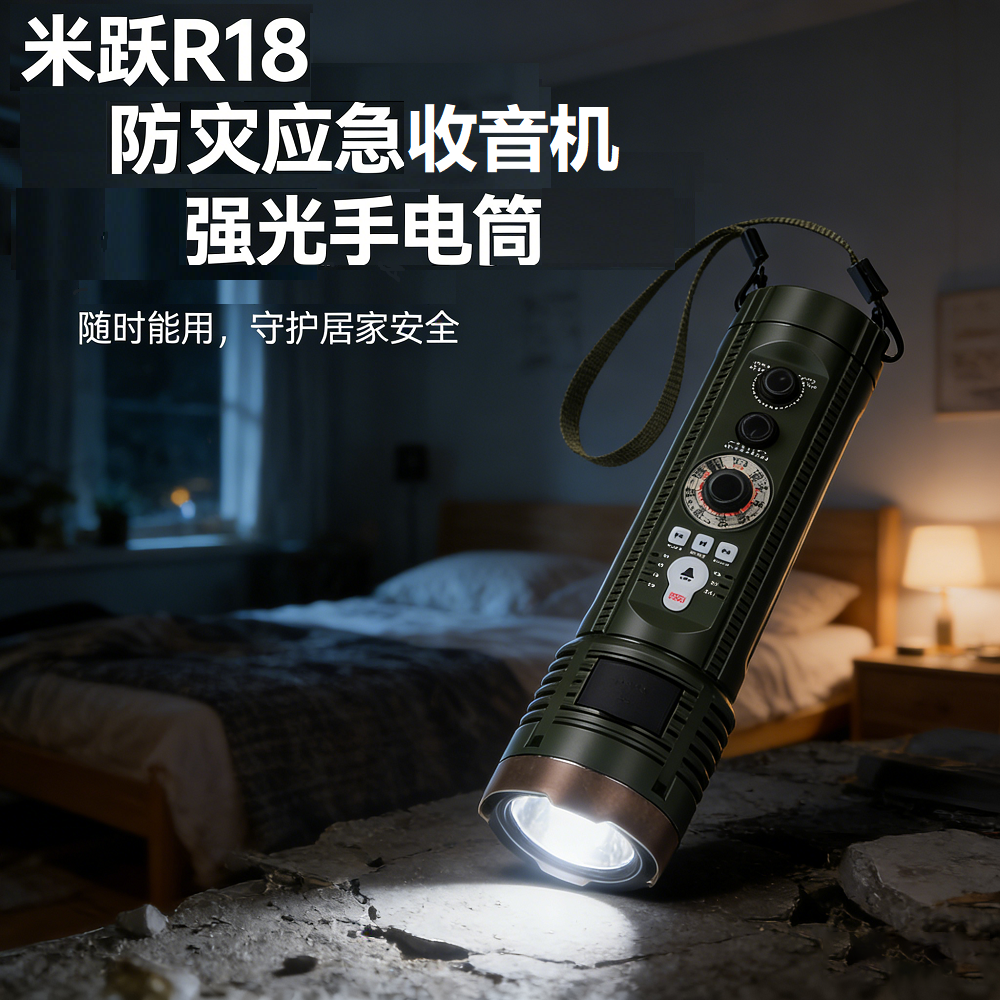 米跃R18手摇发电收音机插卡蓝牙音响户外露营灯强光手电筒SOS警报