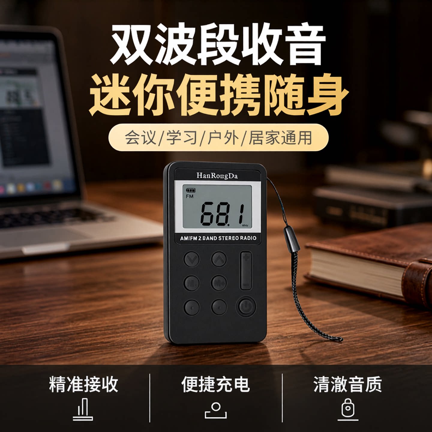 汉荣达HRD103小型充电FM/AM两波段半导体收音机立体声会议接收器