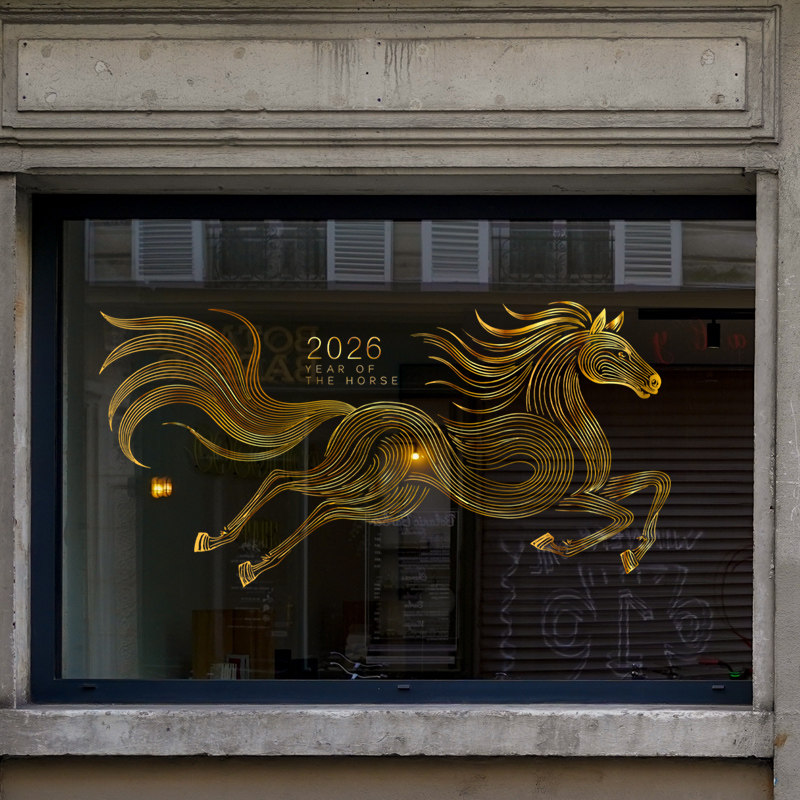 2026抽象马年图案装饰玻璃门静电贴纸线条艺术简约装扮橱窗窗花贴