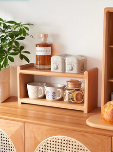 北欧日式桌面整木实木置物架樱桃木双层茶具咖啡杯子收纳架摆件