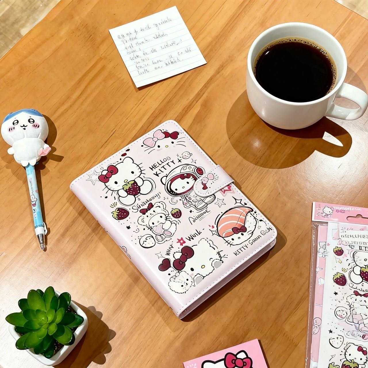 日系寿司可爱A5太空凯蒂猫皮质活页本磁吸扣软皮卡通粉色卡册