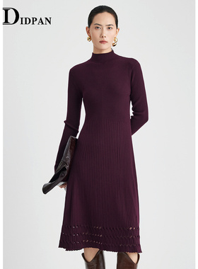 IDPAN羊毛连衣裙冬季新款时尚气质通勤设计感镂空毛织裙子女