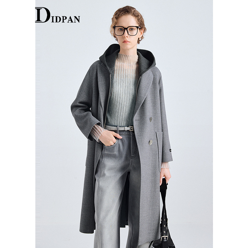 IDPAN休闲拼接羊毛大衣智性格雷灰长款连帽外套松弛感25冬季新款