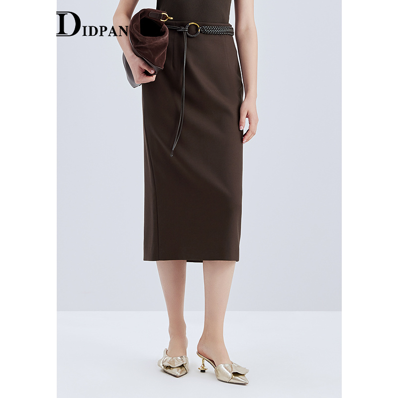 IDPAN羊毛半身裙2025春季新款复古显瘦简约西装裙中长直筒裙女