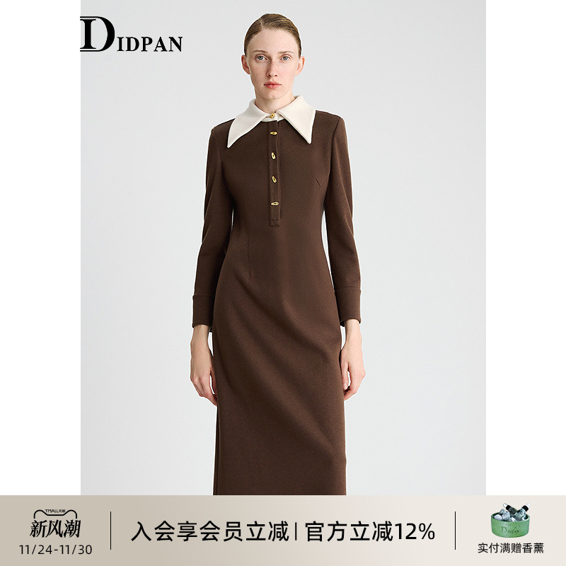 IDPAN针织连衣裙冬季新款时尚通勤气质干练收腰显瘦长袖裙子