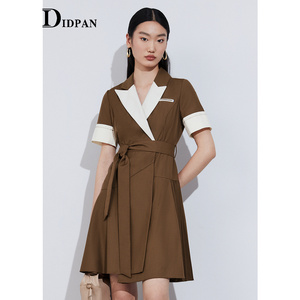 IDPAN夏季长裙时尚错落剪裁裙摆西装领短袖连衣裙女裙子