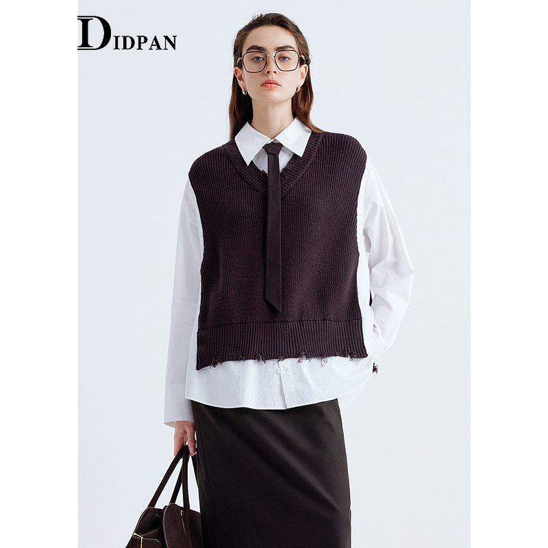 IDPAN高智感假两件衬衫拼接羊毛针织衫通勤风毛边设计2025秋新款