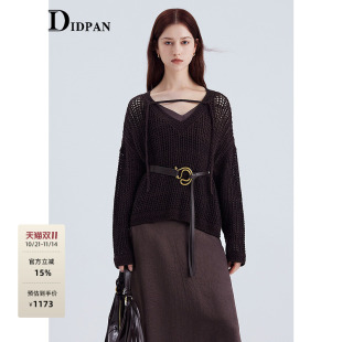 落肩宽松显瘦v领镂空编织毛衫 新款 女 肌理感针织衫 IDPAN长袖