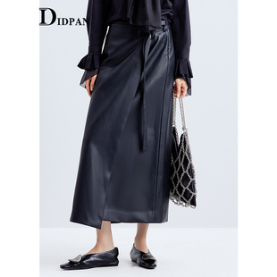新款 IDPAN高腰简约环保PU皮裙半身裙高级感围裹式 长裙2025秋季