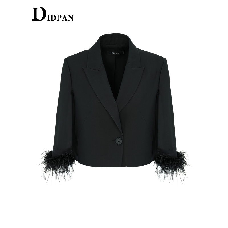 IDPAN极简西装2025季新款设计感羽毛装饰短外套百搭羊毛西服女