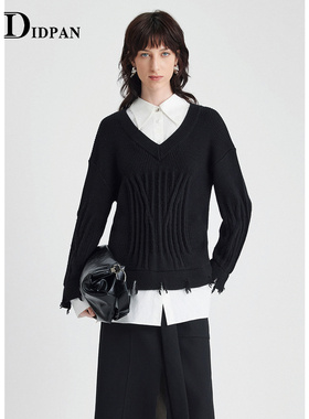 IDPAN女装假两件肌理感针织衫冬季新款设计感撞色拼接套头毛衫