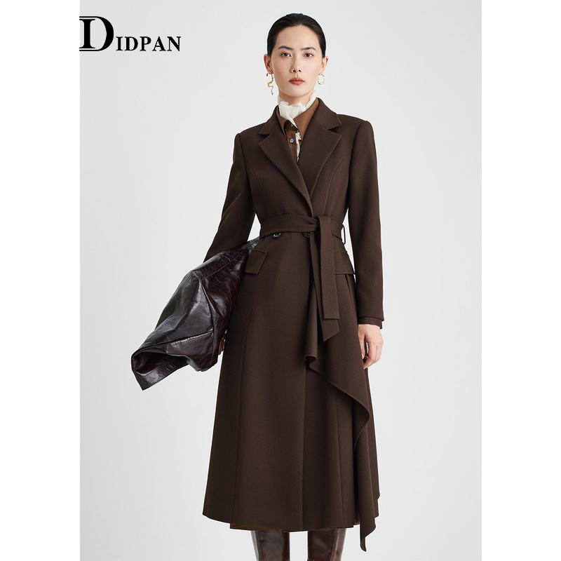 IDPAN西装领长外套冬季新款时尚商务通勤复古荷叶边羊毛大衣