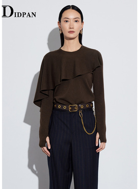 IDPAN套头针织衫秋季新款时尚通勤设计感荷叶边披风针织上衣