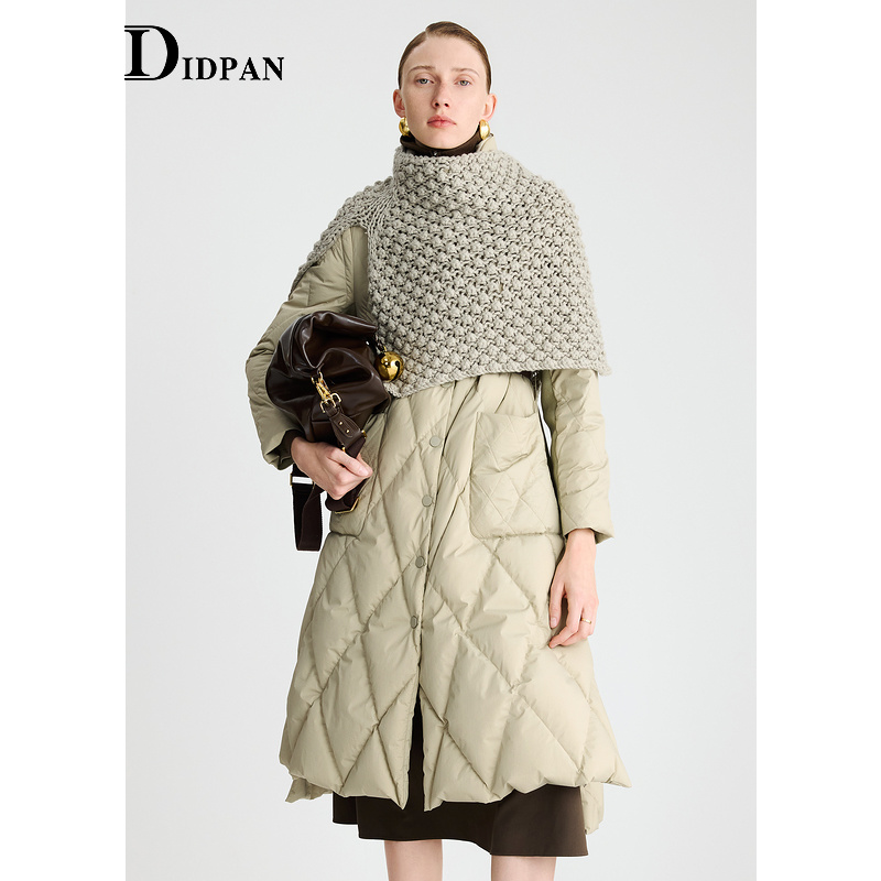 IDPAN女装长款羽绒服冬季新款肌理格纹收腰显瘦防风保暖外套