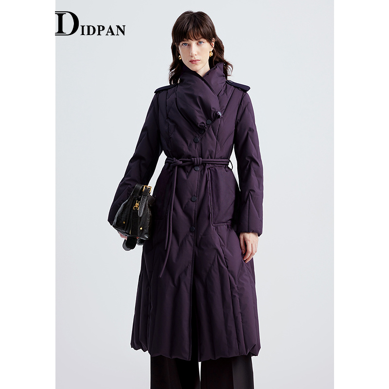 IDPAN午夜梅紫长款羽绒服围脖领防寒高雅贵气外套2025冬季新款
