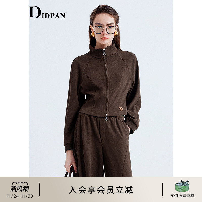 IDPAN休闲拉链短外套女收腰立领针织衫修身显瘦上衣2025秋季新款