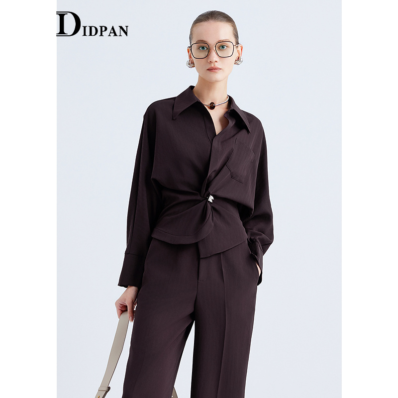 IDPAN轻职场衬衫上衣女V领收腰极简通勤衬衣裤子套装2025秋新款