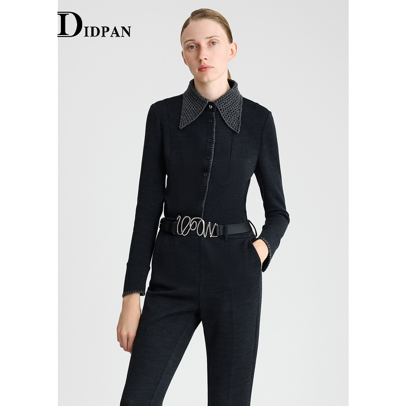 IDPAN羊毛针织衬衫春新款时尚尖角翻领收腰长袖上衣女衬衣