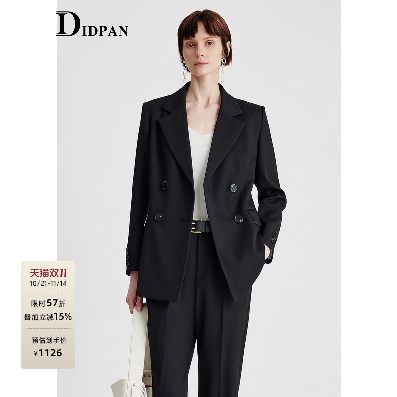 IDPAN极简西装外套女新款黑色休闲修身显瘦职业设计感羊毛西服薄