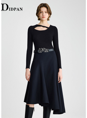 IDPAN时尚拼接长袖连衣裙冬季新款领口挖空设计不对称伞裙女