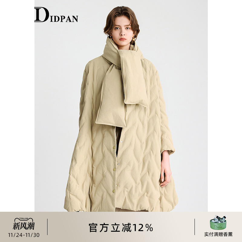 IDPAN中长款羽绒服冬季新款宽松质感搭配可拆卸围巾女式外套