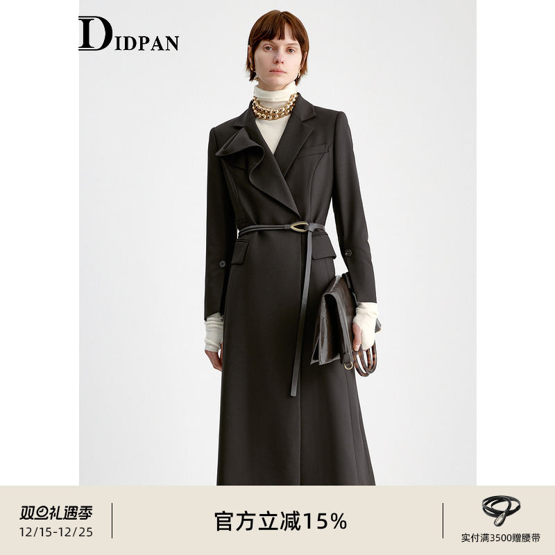 IDPAN西装领长外套25冬荷叶边领片设计精致干练通勤外套