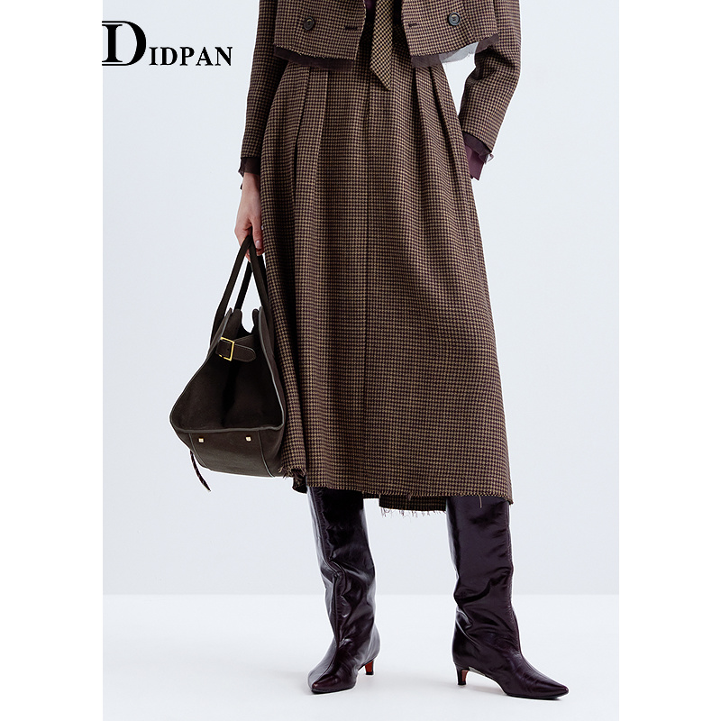 IDPAN羊毛复古千鸟格毛边半身裙