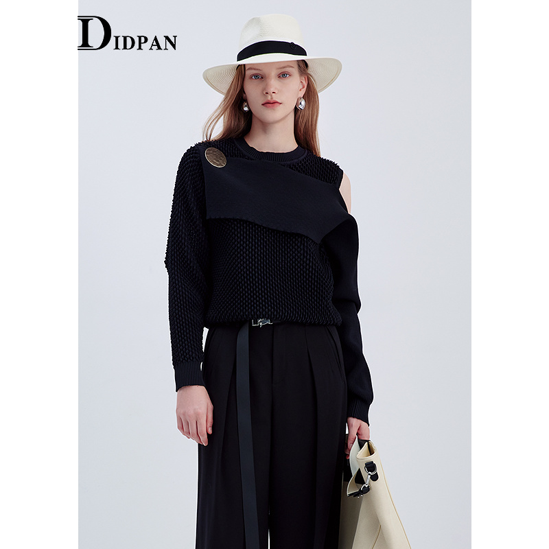 IDPAN肌理感针织衫2025季新款不对称镂空设计百搭黑色长袖上衣