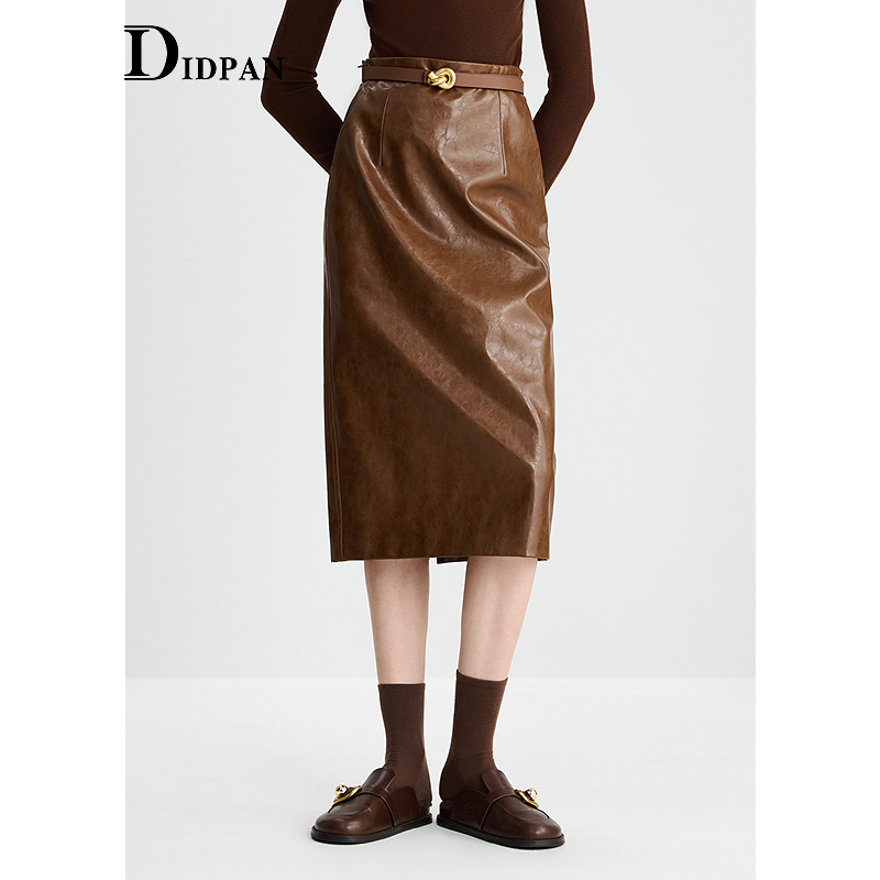 IDPAN女装皮裙冬季新款时尚通勤复古摩登显瘦藏肉中长半身裙