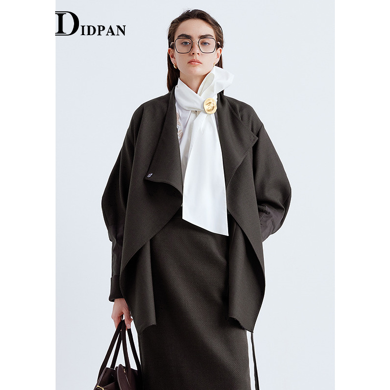 IDPAN围裹式立领宽松落肩羊毛大衣肌理感中长款外套女2025秋新款