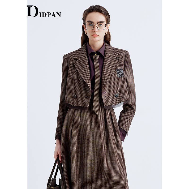 IDPAN羊毛复古美式学院风千鸟格短外套女通勤小西装2025秋季新款