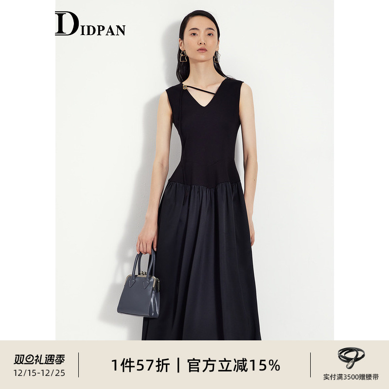 IDPAN摩登通勤连衣裙女秋季新款拼接设计感收腰显瘦V领背心裙