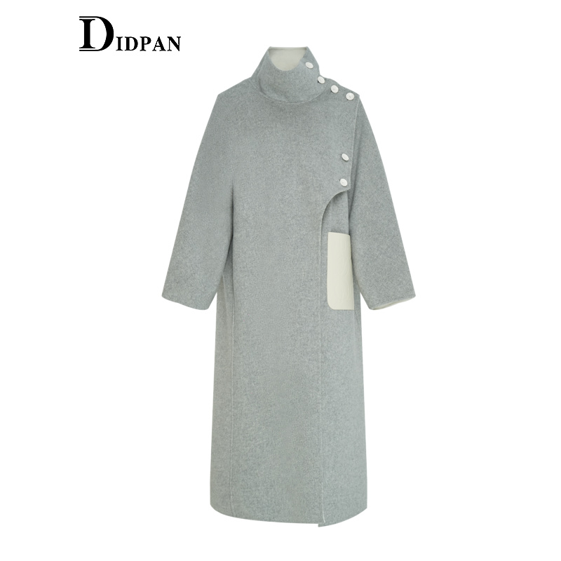 IDPAN双面呢大衣冬季新款时尚职场通勤气质百搭灰色羊毛外套