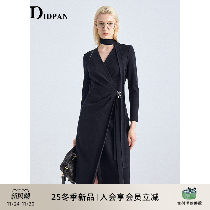 IDPAN极简高雅毛织轻礼服裙飘带造型气质收腰连衣裙25冬季新款