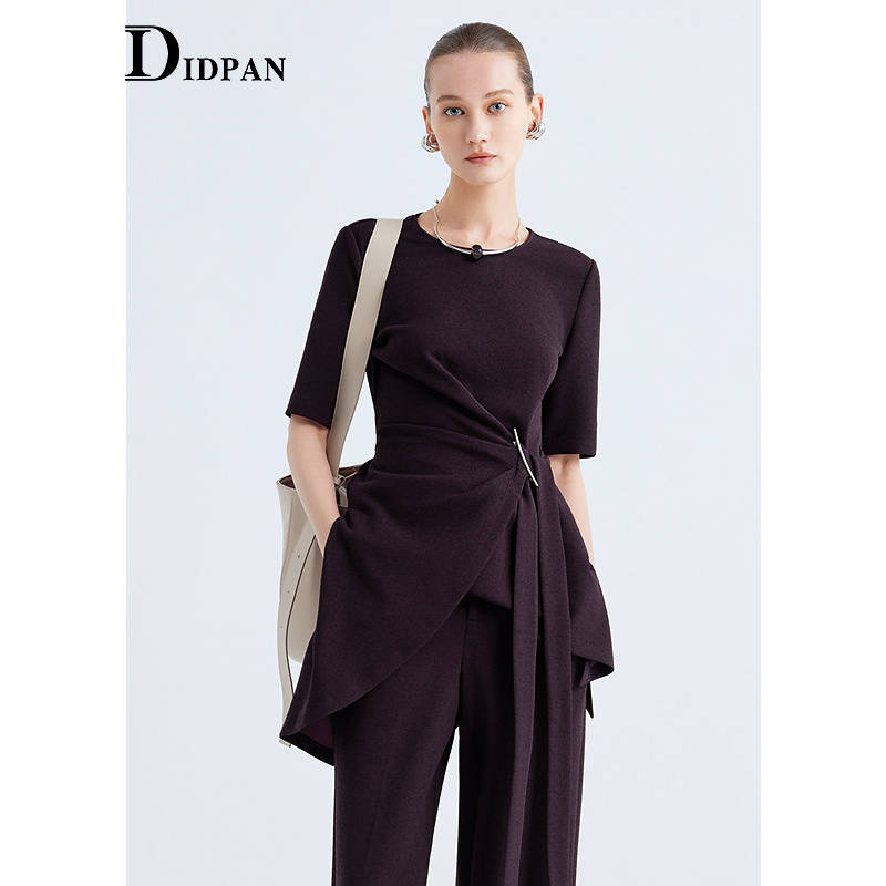 IDPAN不规则肌理感针织上衣2025秋季新款气质通勤显瘦修身洋气T恤