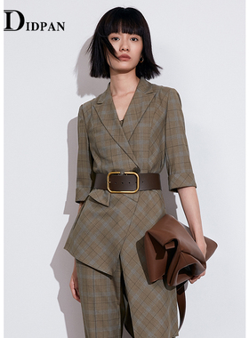 博主同款IDPAN女装春季职场通勤格子极简西装外套+裤子套装女