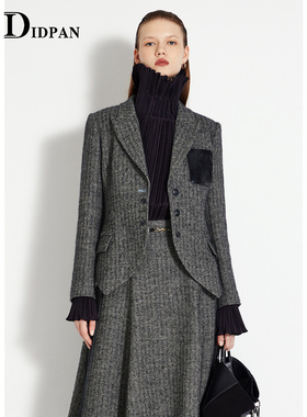 IDPAN通勤女装冬季新款不对称下摆羊毛修身西装领极简西装外套女