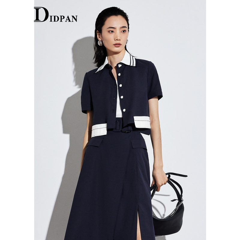 IDPAN短款衬衫外套夏季新款翻领时尚百搭小众显瘦短袖上衣女
