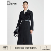 IDPAN西装 高级黑色大衣女 艺术羽毛胸花时尚 领长外套冬季 新款