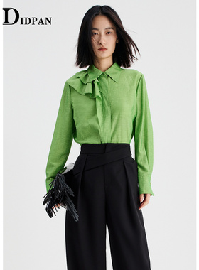 IDPAN女装新款经典H版型不对称几何荷叶边设计长袖亚麻衬衫女